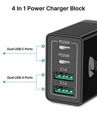 4 in 1 power charger block with dual USB-C and USB-A ports