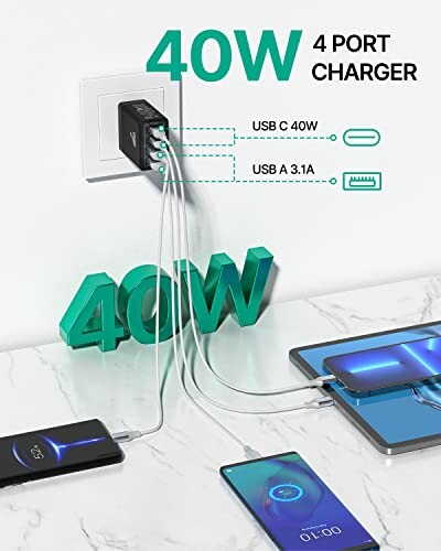 40W 4-port USB charger with devices connected