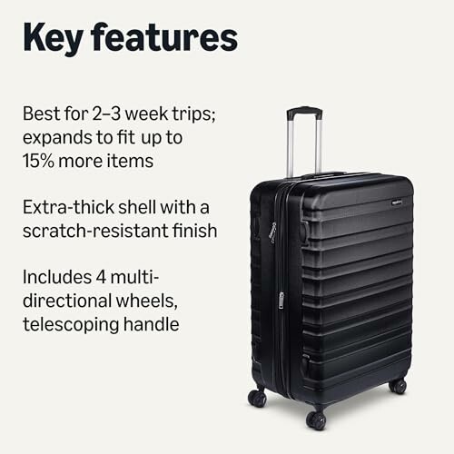 Expandable black suitcase with wheels and handle.