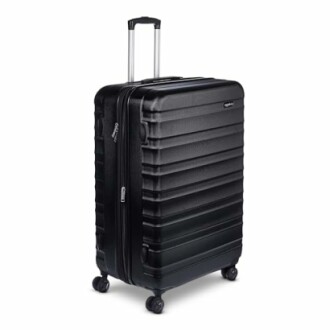 Black hard-shell suitcase with wheels and telescopic handle.