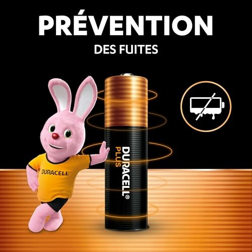 Duracell battery with pink bunny promoting leak prevention.