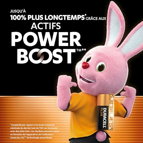 Duracell bunny holding battery with Power Boost feature.