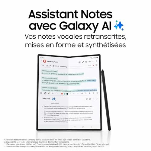 Samsung Galaxy AI assistant notes feature with foldable device and stylus.