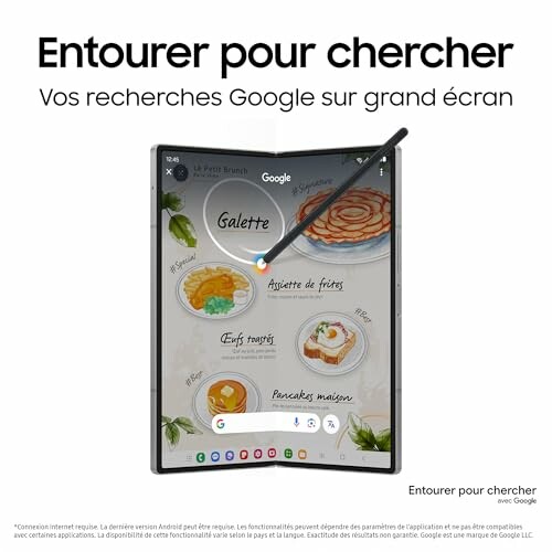 Foldable device showing Google search with stylus selecting text.