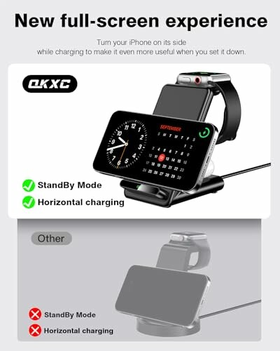 iPhone and smartwatch on a charging stand with standby mode and horizontal charging features.