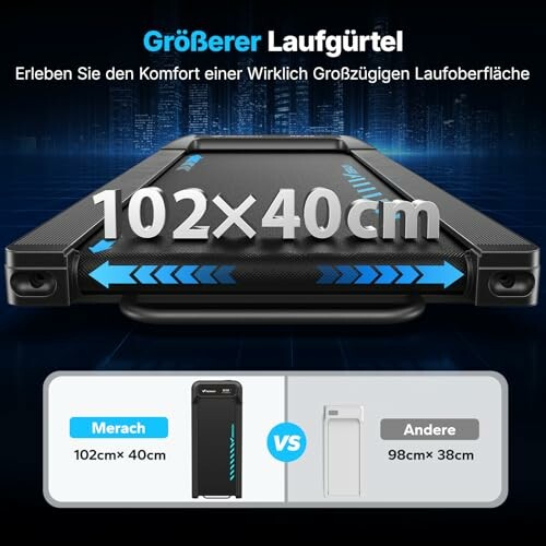 Comparison of larger treadmill belt size 102x40cm vs smaller 98x38cm.