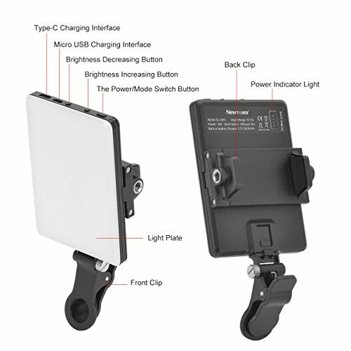 Portable LED light panel with adjustable brightness and clip mount.