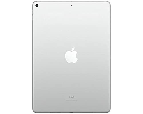 Back view of a silver tablet with an Apple logo