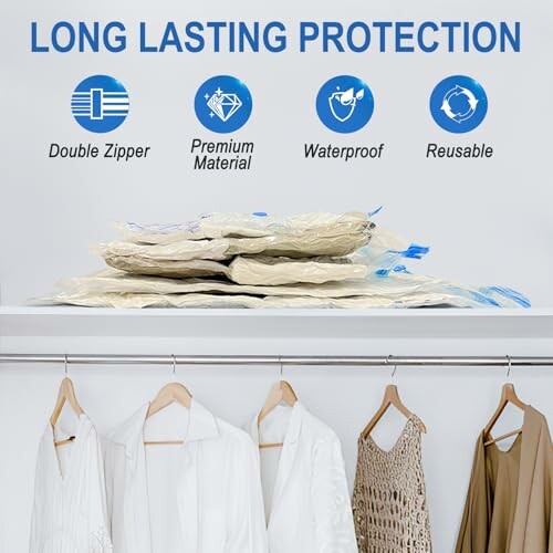 Vacuum seal bags on shelf with clothes hanging below.