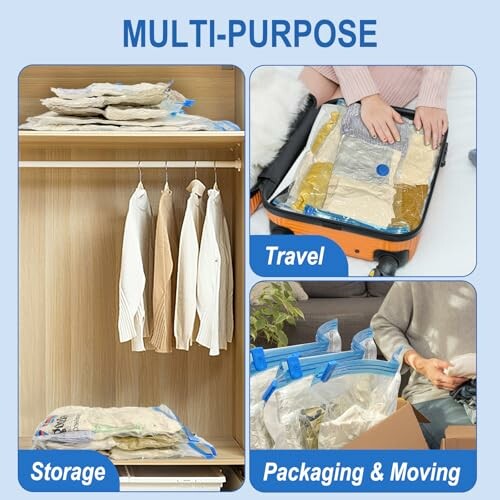 Vacuum storage bags used for clothes in closet, suitcase, and packing.